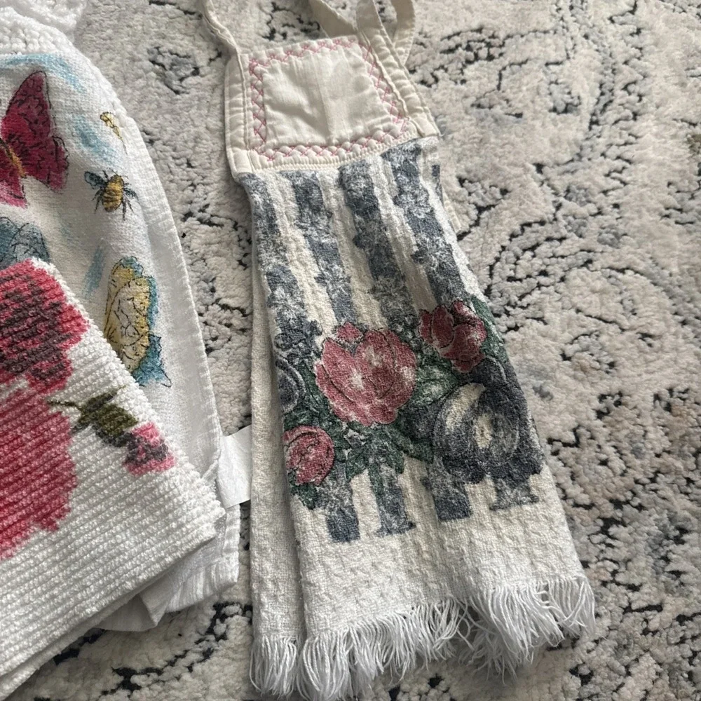 6 Vintage Cotton Floral Kitchen Linens - Towels Crochet Used As Is Cottagecore